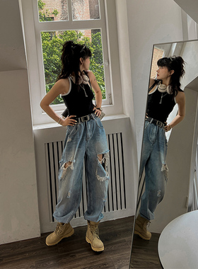 MOERSHOP  Grunge式风潮 破洞牛仔裤女春新款高腰宽松休闲哈伦裤