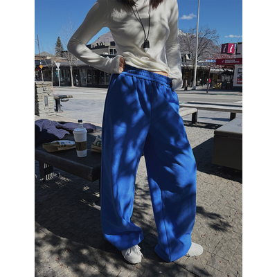 MOERSHOP 行走的舒适区 蓝色系直筒多穿加绒运动裤冬季阔腿休闲裤