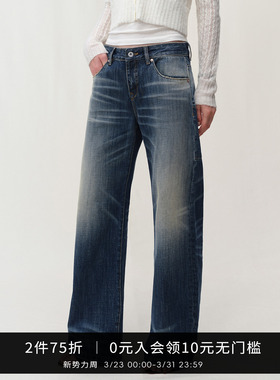 SMIIILE手工擦磨复古猫须纯棉低腰宽松牛仔裤深蓝色破洞直筒裤子