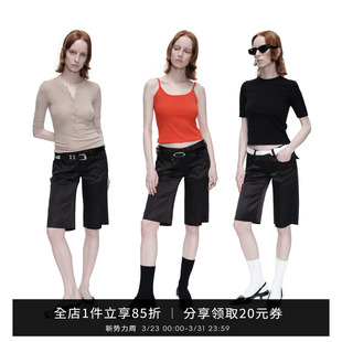 子女夏季 SMIIILE原创设计高弹丝挺括直筒休闲低腰黑色五分裤 短裤