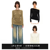 SMIIILE黑色堆叠感羊绒一字领露肩斜肩上衣长袖 女秋冬 内搭打底衫