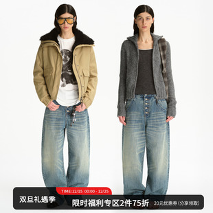 SMIIILE廓形弯刀复古做旧洗水猫须阔腿宽松牛仔裤 休闲香蕉裤