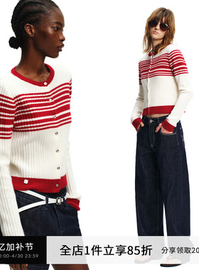SMIIILE红色条纹纯羊毛针织开衫女春季圆领毛衣外套短款上衣修身