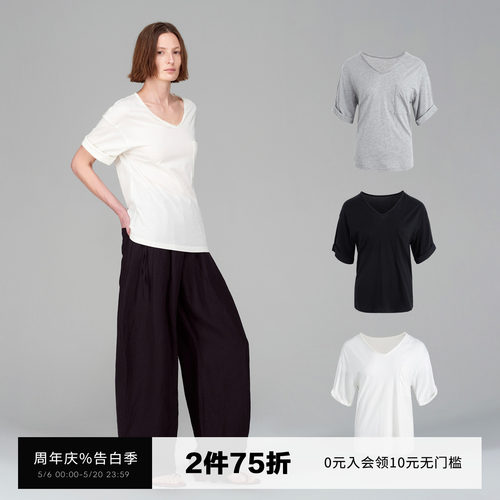 SMIIILE长绒棉宽松显瘦V领T恤女