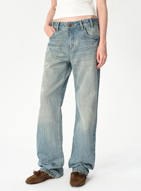 SMIIILE百搭浅蓝色复古做旧水洗裤脚磨破低腰宽松直筒牛仔长裤