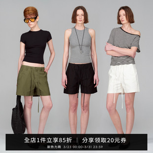 女 挺阔宽松肌理感抽绳绑带低腰休闲阔腿短裤 SMIIILE夏季 薄款