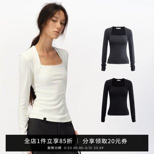 SMIIILE方领假两件正肩T恤女春设计感修身 显瘦内搭上衣气质打底衫