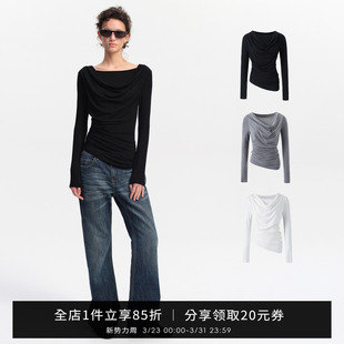 t恤女白色 显瘦长袖 SMIIILE莱赛尔天丝薄款 荡领上衣下摆不规则修身