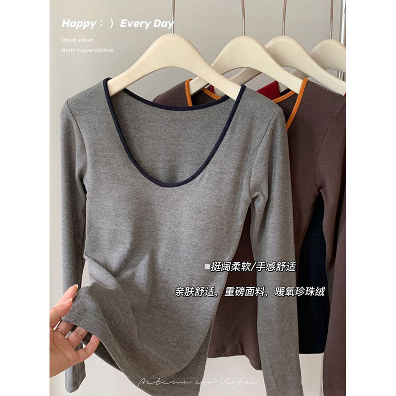 秋冬新品撞色休闲气质圆领长袖保暖上衣女磨毛发热外穿打底衫内搭,女士内衣/男士内衣/家居服,吊带/背心/T恤/打底/肌底衣,淘宝优惠券,粉丝福利购,淘宝优惠卷
