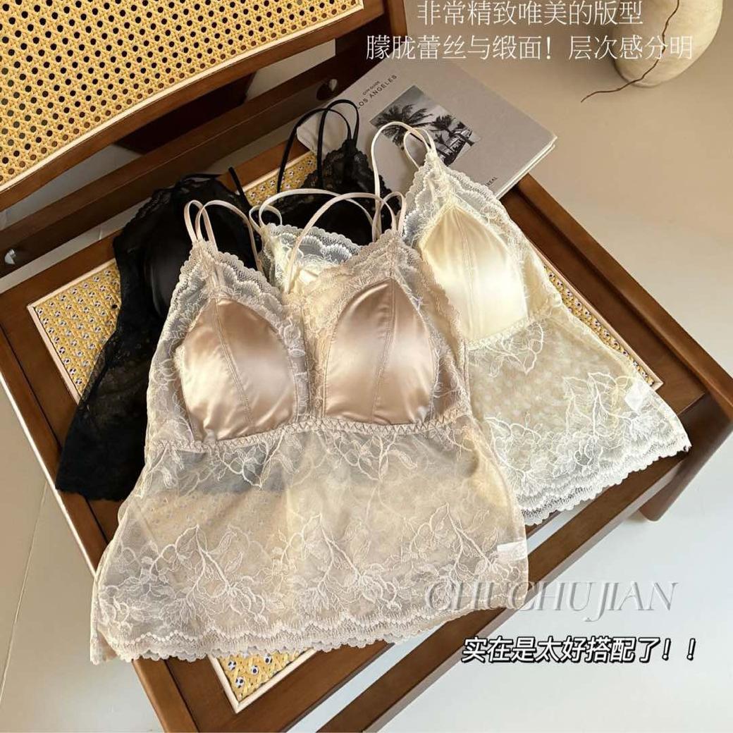 美背蕾丝拼接缎面内衣一体杯吊带