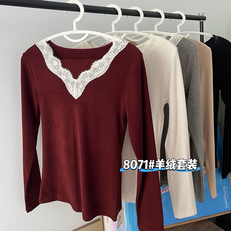 秋冬新品蕾丝边V领亲肤羊绒保暖内衣套装女紧身发热打底秋衣秋裤