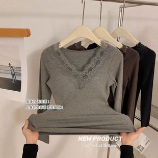 妃子纪6627暖氧珍珠绒打底衫一体式时尚蕾丝单衣内搭磨毛保暖上衣