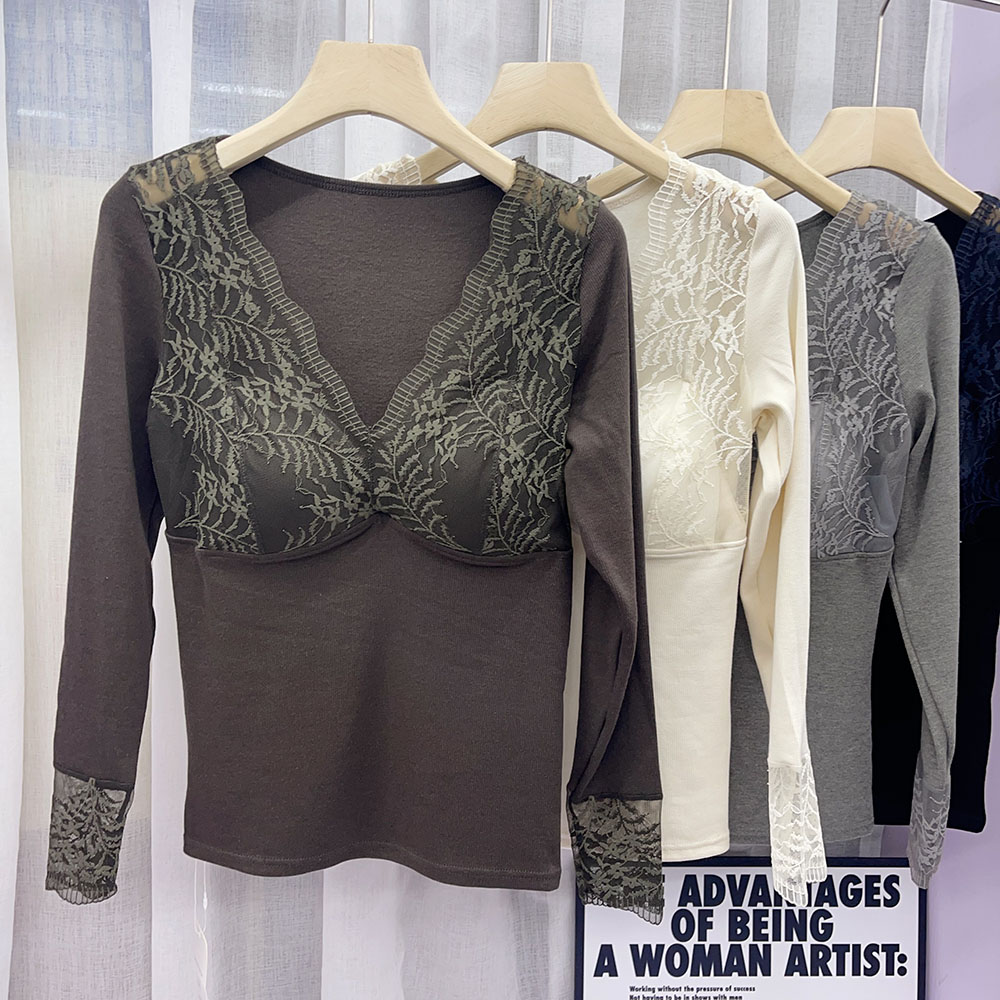 蕾丝保暖上衣女带胸垫V领长袖T恤