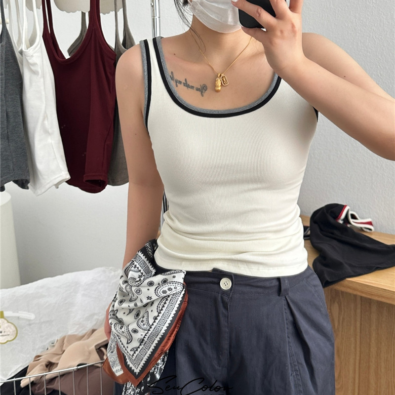 秋冬新款撞色螺纹磨毛吊带背心女修身显瘦百搭无袖U领打底衫