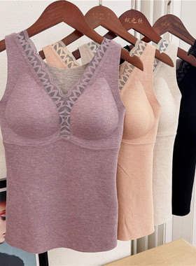 4022蕾丝V领加厚德绒保暖内衣女发热免穿文胸桑蚕丝打底保暖背心