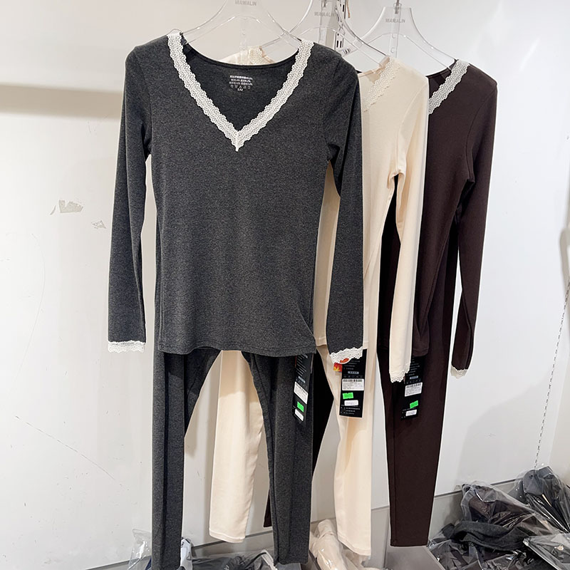 新品蕾丝边V领羊毛蚕丝加厚保暖内衣套装修身显瘦磨毛秋衣秋裤女
