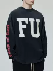 I'M Not Trendy Fog Main Line Folk Collection Series High Street Casual Loose Distressed Washed Fu Print Crew Neck Long Sleeve