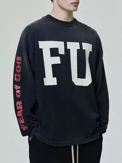 I'M Not Trendy Fog Main Line Folk Collection Series High Street Casual Loose Distressed Washed Fu Print Crew Neck Long Sleeve