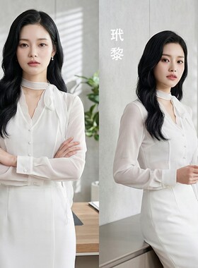 法式高级感白色衬衣女2026长袖V领衬衫轻熟气质飘带上衣雪纺衫