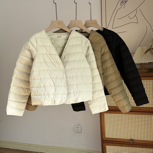 轻薄款90白鹅绒羽绒服女短款V领无袖轻薄保暖内胆可叠穿反季清特