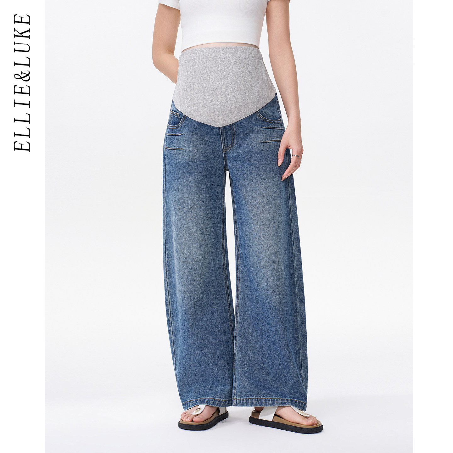 ellieluke孕妇阔腿裤子春秋外穿小个子新款托腹弯刀牛仔长裤春装