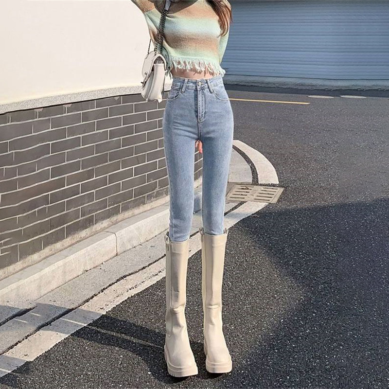 浅色小脚牛仔裤女春秋季2026年新款高腰弹力修身显瘦紧身铅笔裤子