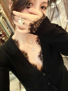 黑色性感蕾丝拼接打底衫女春秋新款修身针织开衫长袖v领紧身上衣
