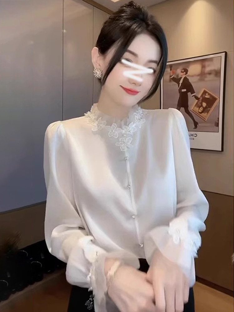网纱拼接高端长袖衬衫女士2025年春装新款气质衬衣设计感白色上衣