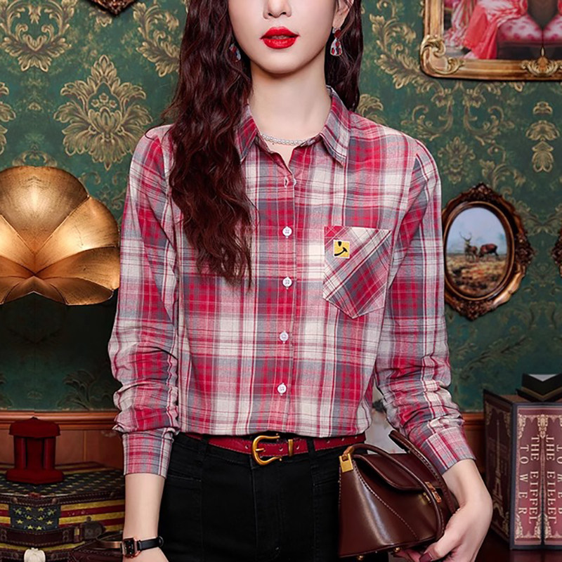 港风纯棉格子衬衫女长袖2025年春秋季新款宽松打底上衣polo领衬衣