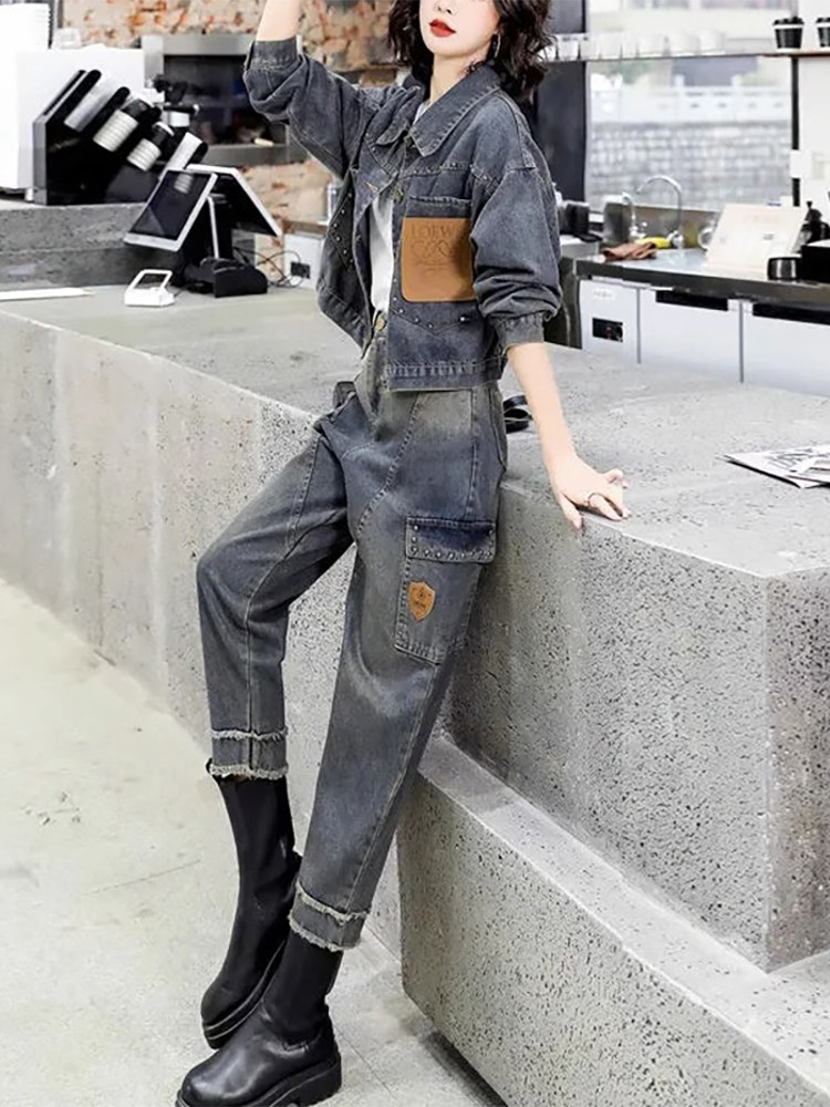 欧货工装牛仔套装女2025春秋新款小个子时尚洋气减龄休闲两件套潮