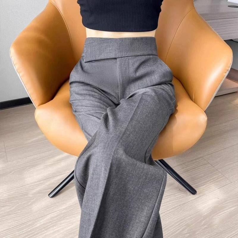 高级感毛呢阔腿裤女秋冬2025新款灰色高腰垂感加长窄版直筒西装裤