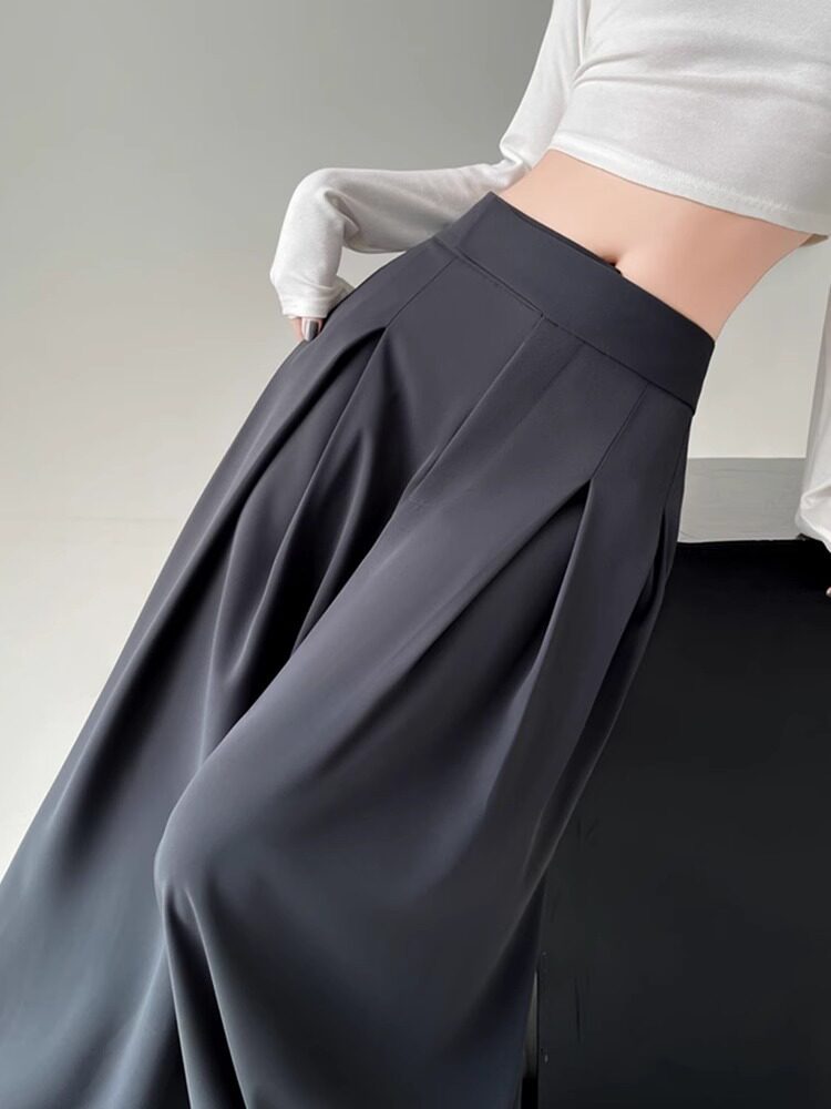 灰色阔腿女裙2025春秋季新款直腿宽松休闲裤高腰褶皱套装及地裤
