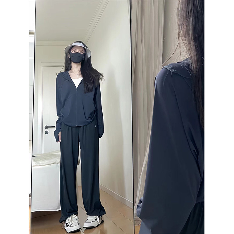 休闲运动服套装女夏季薄款防紫外线透气连帽黑色冰丝防晒衣两件套
