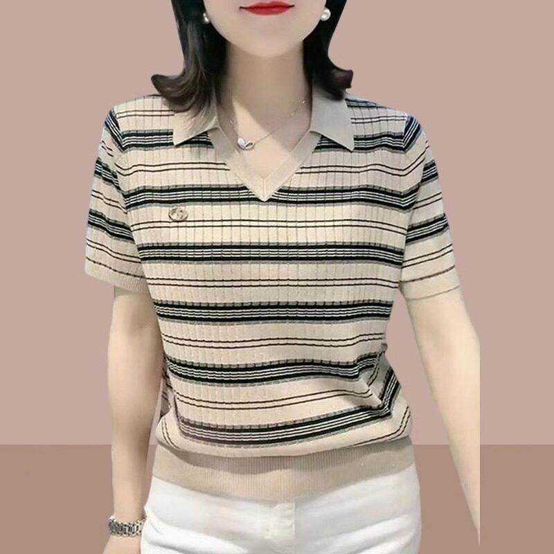 冰丝针织条纹短袖t恤女士2025年夏季新款polo衫大码气质减龄上衣