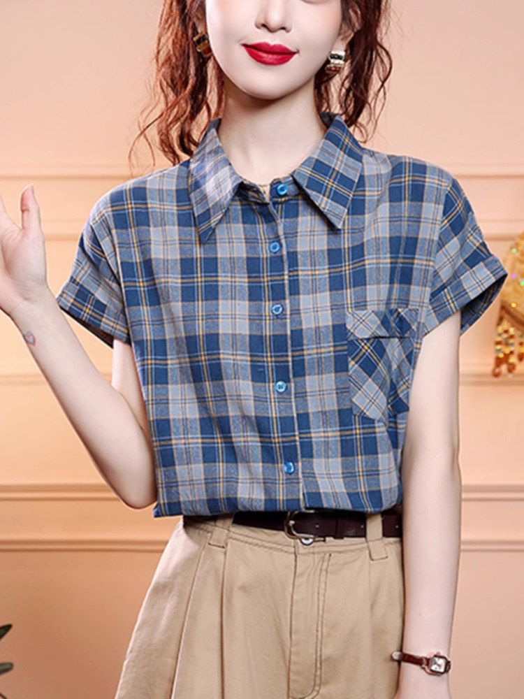 港风纯棉格子衬衫女2025年夏季新款覆古宽松百搭上衣开衫短袖衬衣