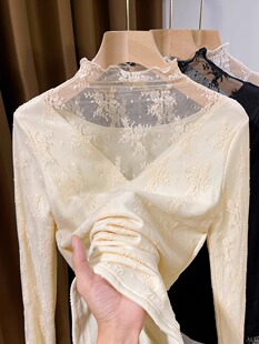 叠穿纱衣法式 洋气内搭小衫 上衣 女秋冬2025新款 高领加绒蕾丝打底衫