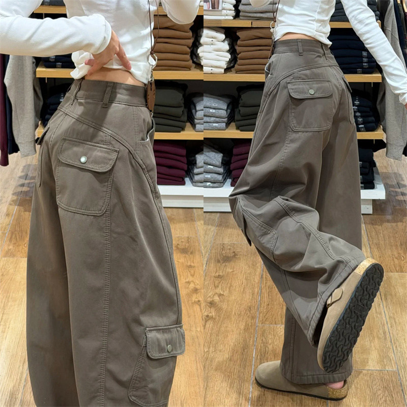 美式复古工装运动裤女秋冬季加绒加厚辣妹弯刀裤小个子直筒阔腿裤