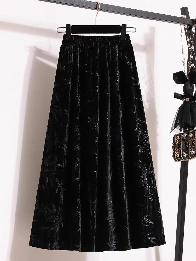 新中式国风黑色丝绒半身裙女春秋季大码胖mm高腰显瘦A字百褶长裙