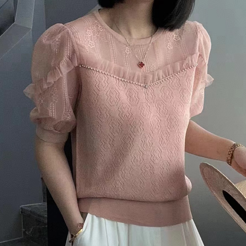时尚荷叶边冰丝短袖T恤女2026年夏装新款粉色上衣欧货拼接针织衫