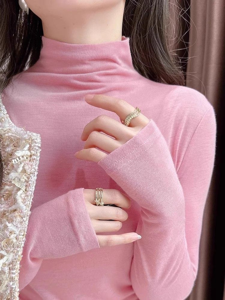 多巴胺粉色高领内搭打底衫女2025春秋季薄款时尚长袖t恤面膜上衣