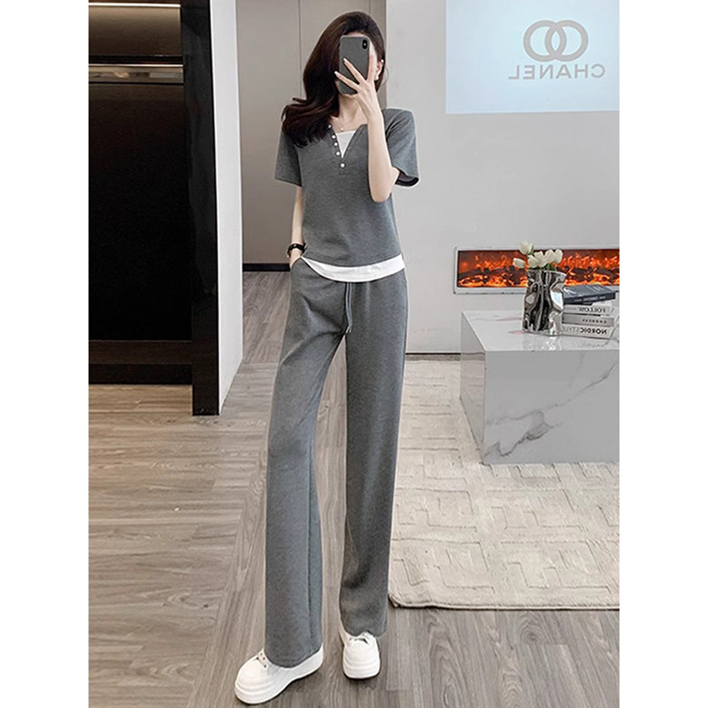 假两件休闲运动套装女2026夏季新款欧货洋气纯棉短袖阔腿裤两件套