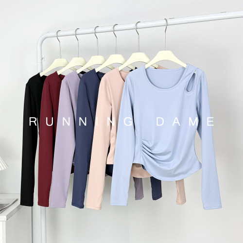 运动T恤女秋季新款圆领褶皱修身高弹显瘦运动长袖跑步速干健身服