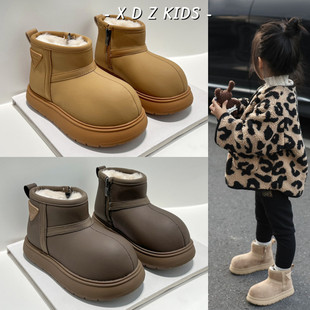 真皮防水女童雪地靴2025冬季新款大头丑萌加绒加厚面包鞋男童棉鞋