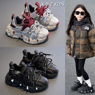 儿童鞋2025秋冬加绒韩版时尚双鞋带男童运动鞋安哥拉红女童老爹鞋