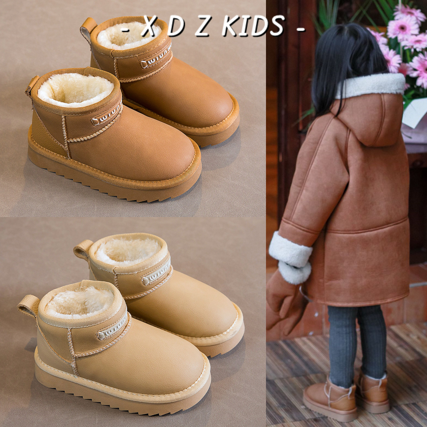 防水皮面儿童雪地靴抗寒保暖棉鞋