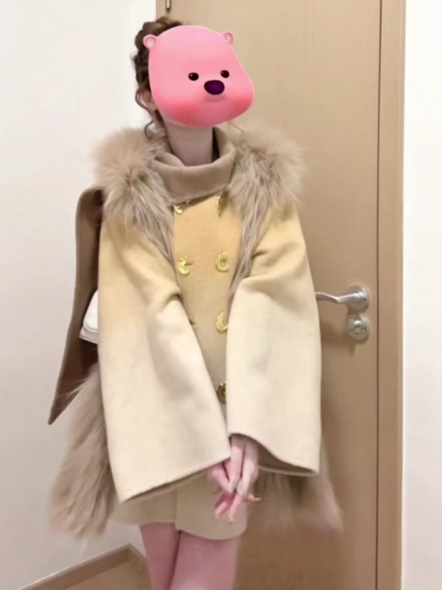 贵气千金感英伦风复古渐变毛领披肩毛呢外套独特超好看大衣女秋冬