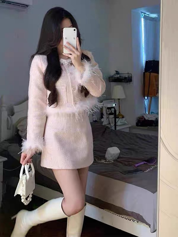 法式小香风冬新款名媛毛毛外套半身裙高级感小洋装两件套加厚