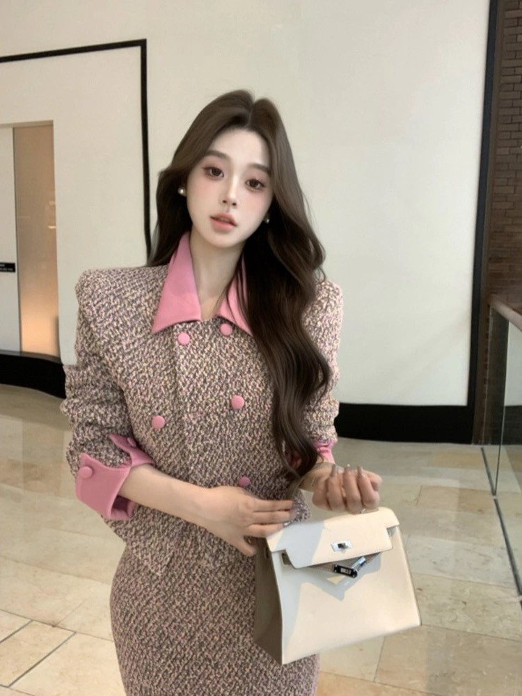 小香风套装气质撞色长袖毛呢外套女秋冬穿搭包臀半身裙长裙两件套
