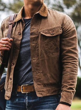 Trendy cardigan lapel jacket men棕色直筒棉衣外套牛仔外套欧美