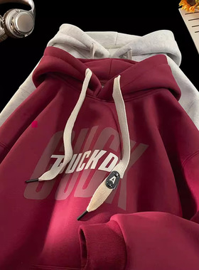 Velvet hoodie美式硬挺红色卫衣春秋潮牌青少年秋冬加绒连帽外套